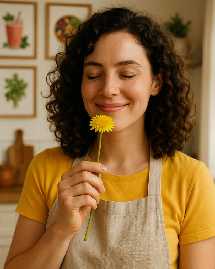 About about Olivia Marino smiling while holding a dandelion flower in her kitchen