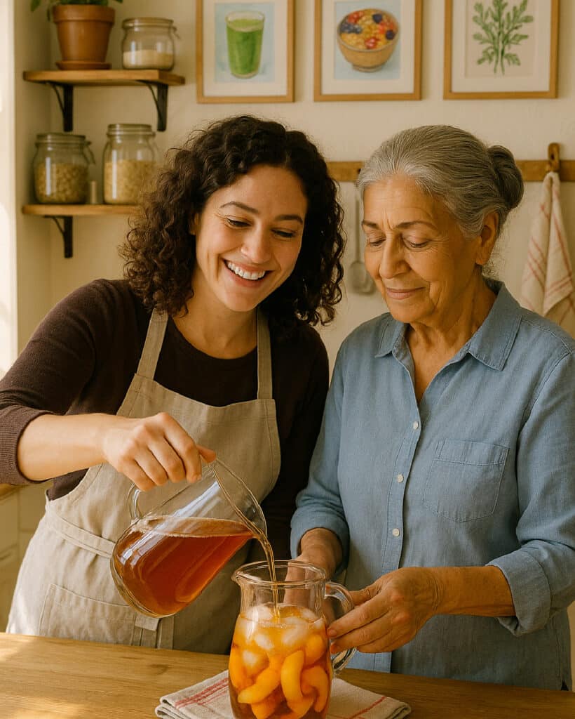 About about Olivia Marino making a fresh peach iced tea with her grandmother Dalida