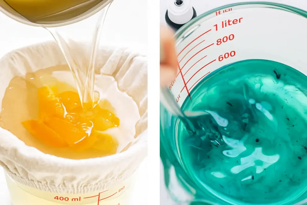 Homemade Blue Curacao Syrup Recipe - Pouring orange syrup and coloring into measuring cups