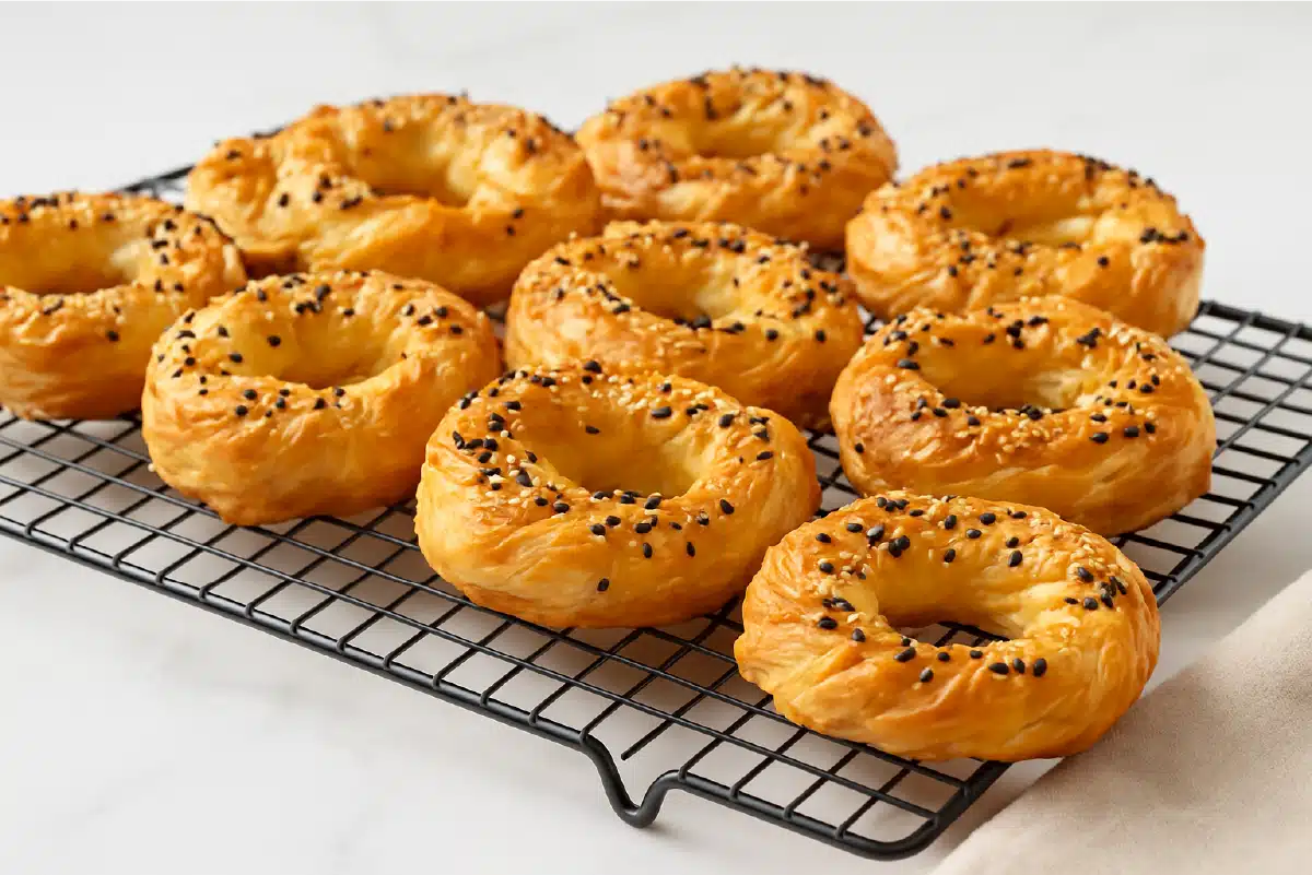 cottage cheese bagel recipe - Cottage cheese bagels on cooling rack with golden crust