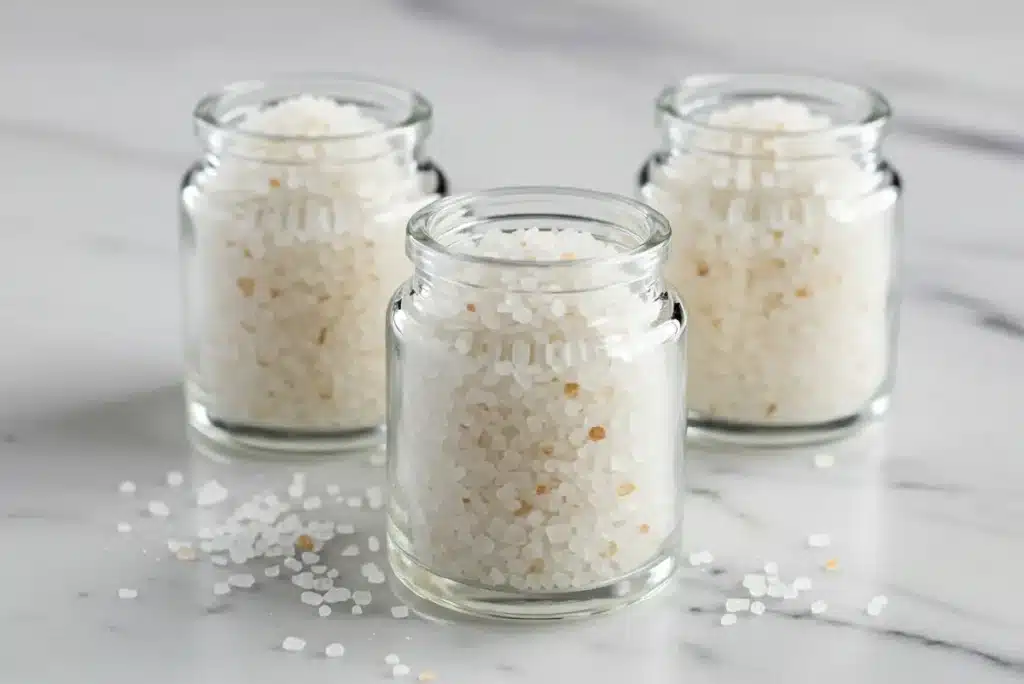 Salt and vinegar seasoning in a spice jar with powder scattered on table