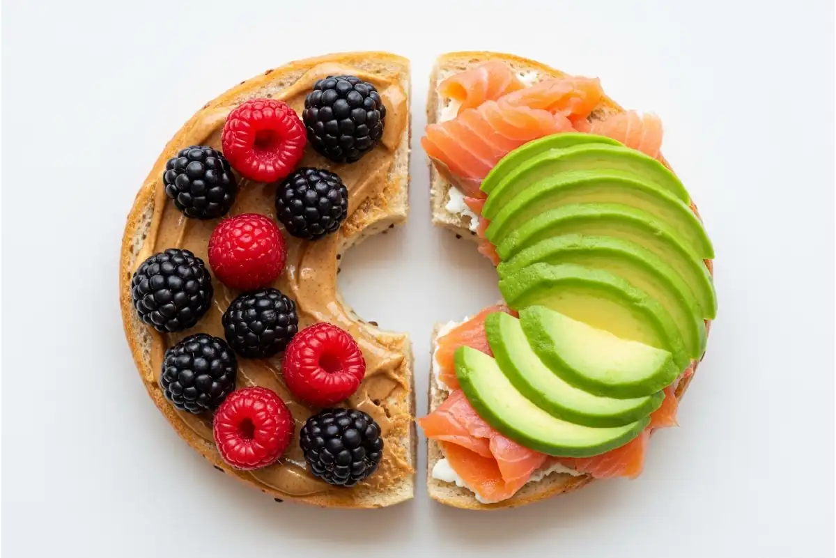 Sweet and savory toppings on a sliced protein bagel