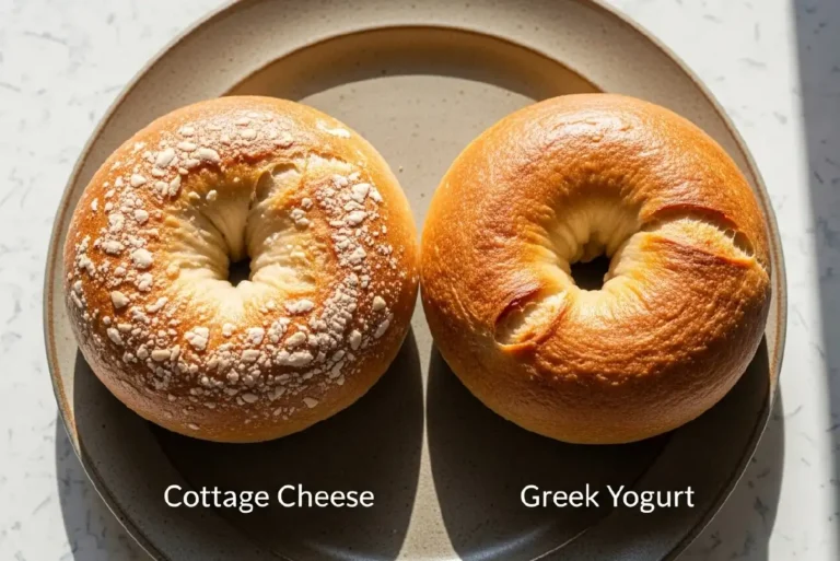 Side-by-side comparison of cottage cheese and Greek yogurt protein bagels on a plate