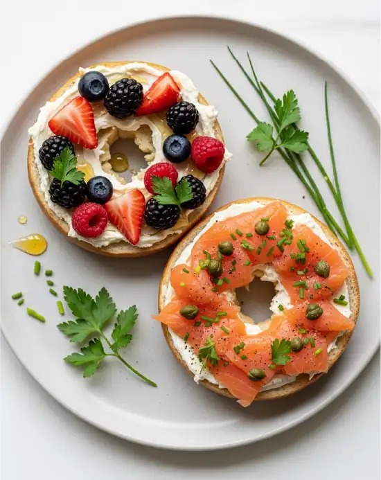 Plated protein bagel with toppings and garnishes