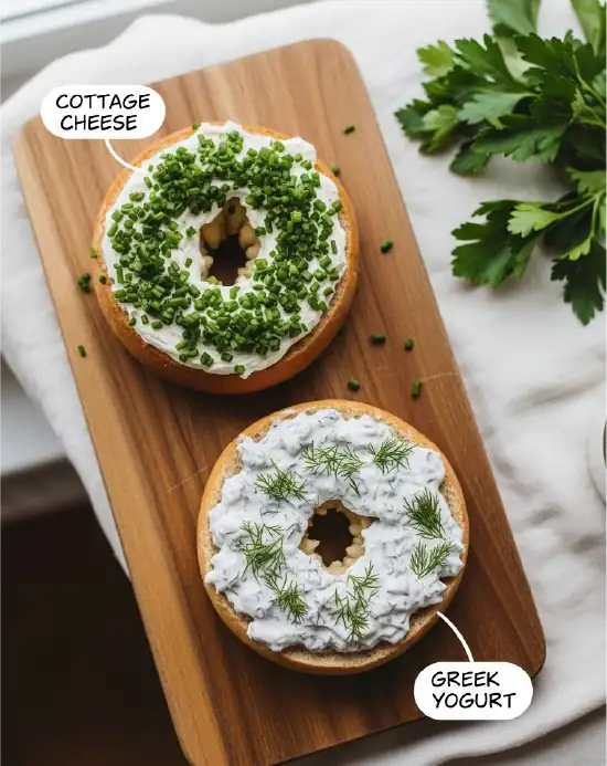 Cottage Cheese vs Greek Yogurt in Protein Bagels: Which One Wins? cottage cheese vs greek yogurt protein bagel Finished cottage cheese and Greek yogurt bagels with toppings on a wooden board - cottage cheese vs greek yogurt protein bagel