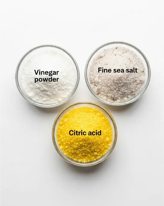 Salt and Vinegar Seasoning Recipe – Easy, Tangy DIY Spice Mix Salt and Vinegar Seasoning Recipe Flat lay of all salt and vinegar seasoning ingredients in small bowls