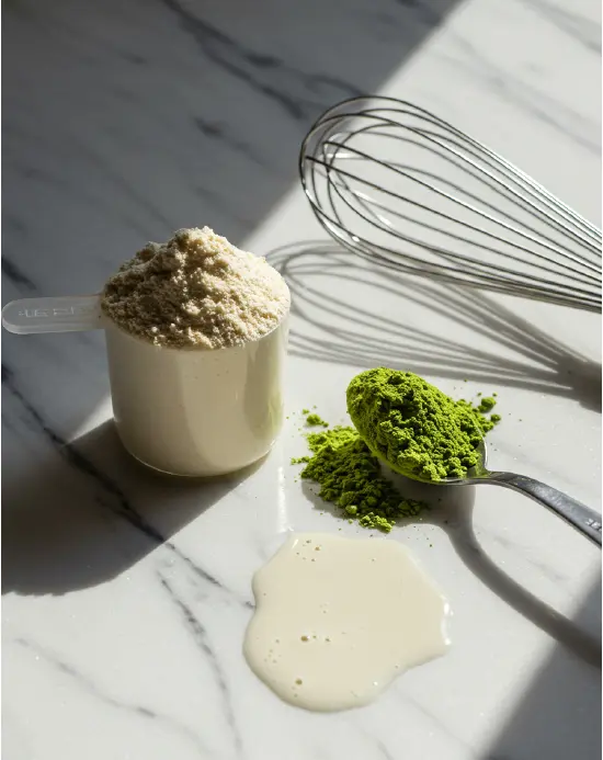 matcha latte ingredients flat lay