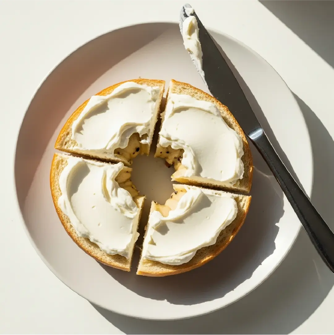 Sliced gluten-free protein bagel topped with cream cheese