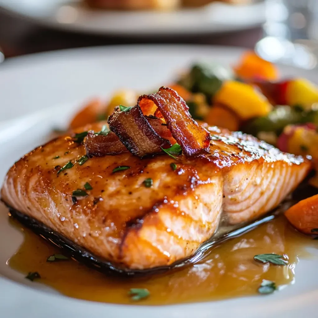 Glazed salmon with brown sugar bacon garnish