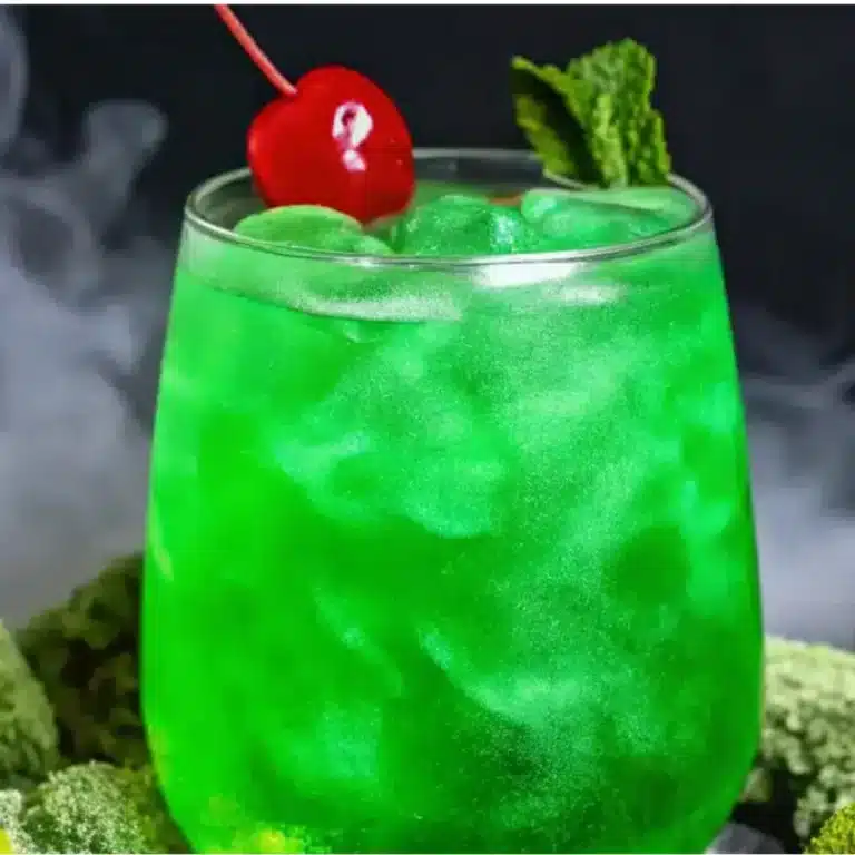 Liquid Marijuana cocktail surrounded by mist and garnished with cherry and mint