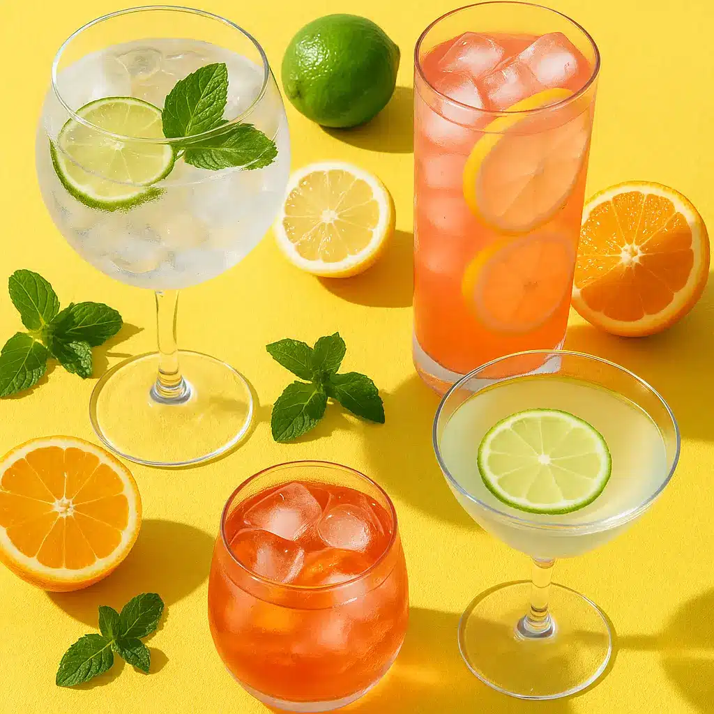 Variety of easy gin cocktails with citrus and herbs