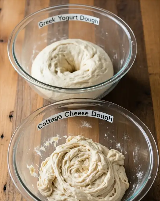 Cottage Cheese vs Greek Yogurt in Protein Bagels: Which One Wins? cottage cheese vs greek yogurt protein bagel Two bowls showing cottage cheese and Greek yogurt dough textures for protein bagels - cottage cheese vs greek yogurt protein bagel
