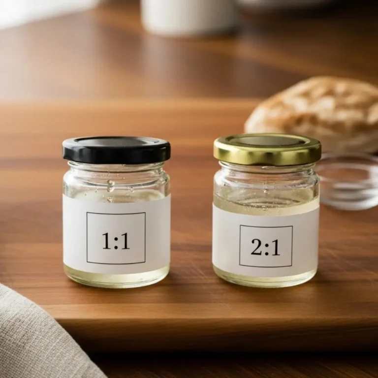 Two labeled jars: one 1:1 syrup and one 2:1 syrup, side by side on a wooden tray