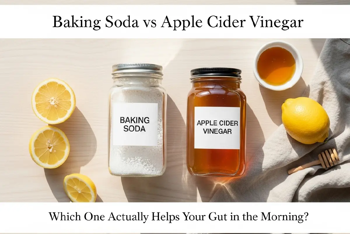 Baking soda and apple cider vinegar on wooden surface with lemon slices and honey