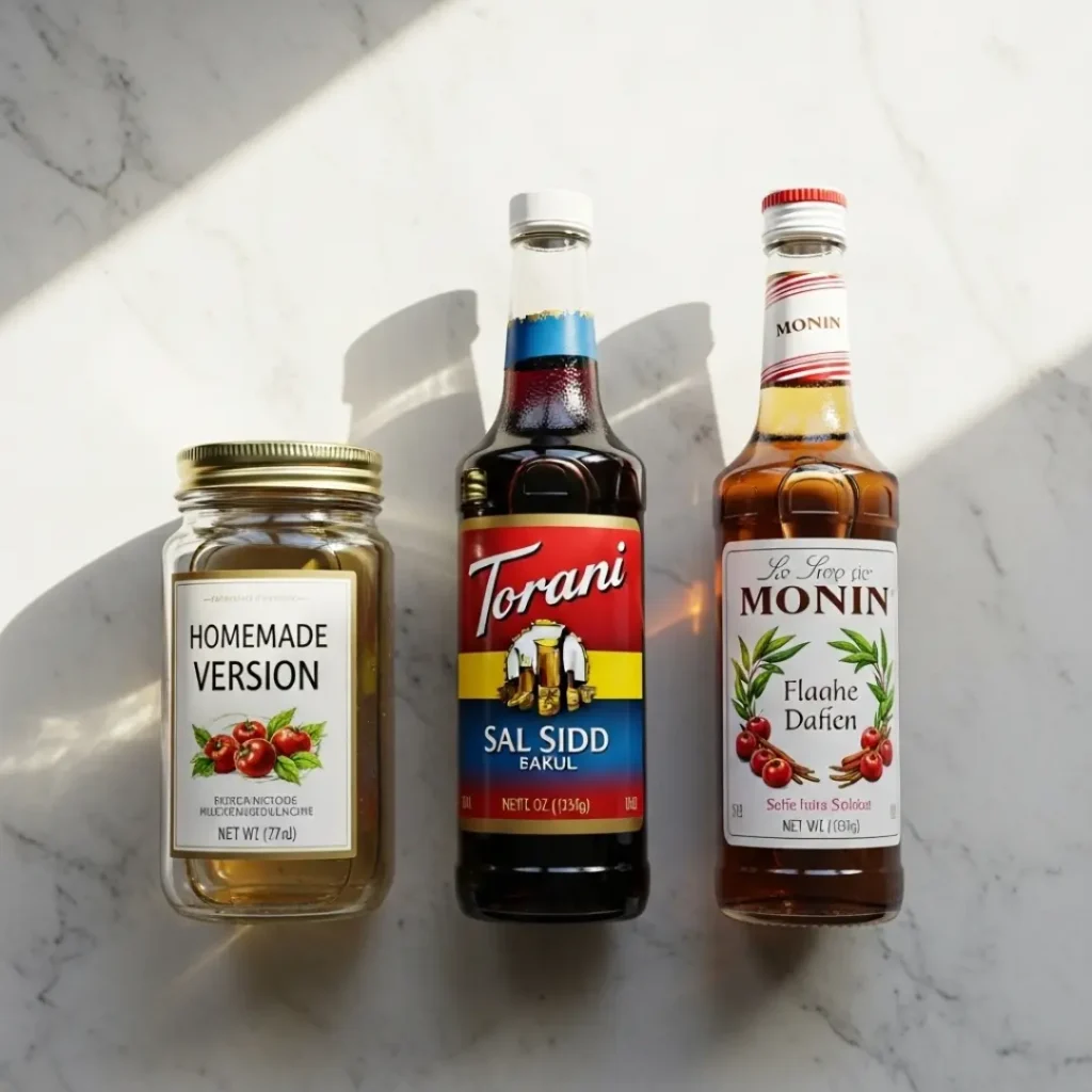 Comparison of 3 bottles: Torani, Monin, and DIY blue curacao syrup