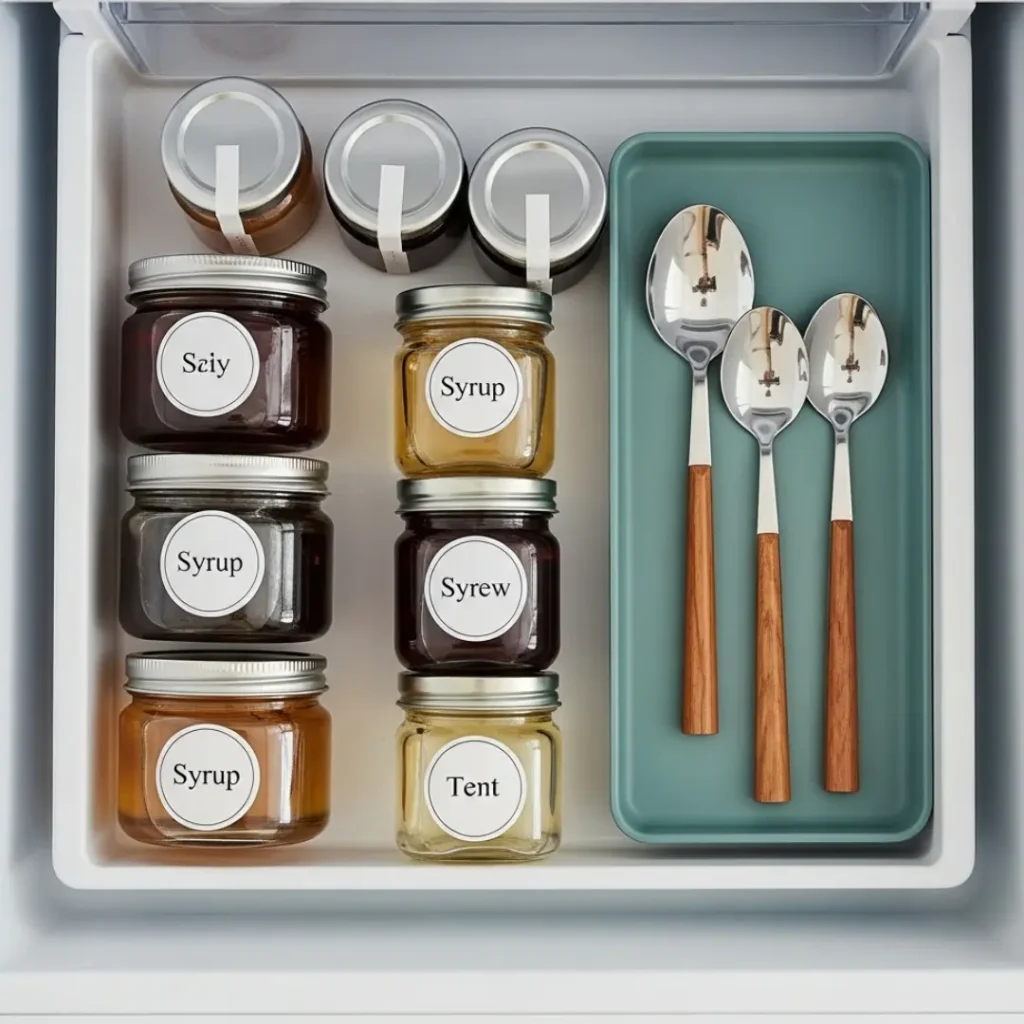 Small fridge tray with organized syrup jars and a spoon rest
