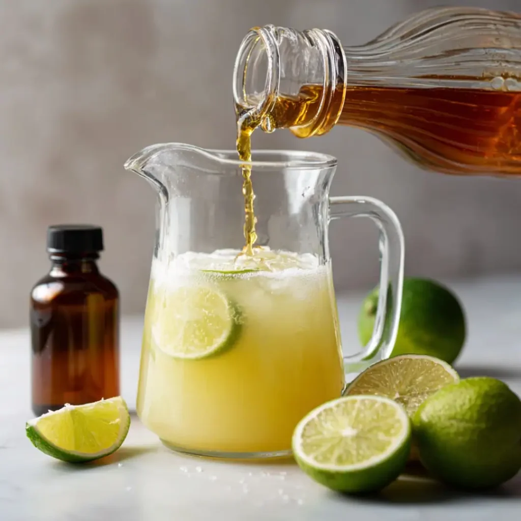 A hand pouring syrup into citrus juice in a glass pitcher