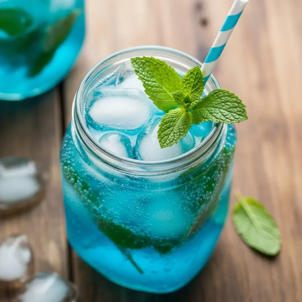 Bright blue mocktail in a mason jar with mint and orange slice