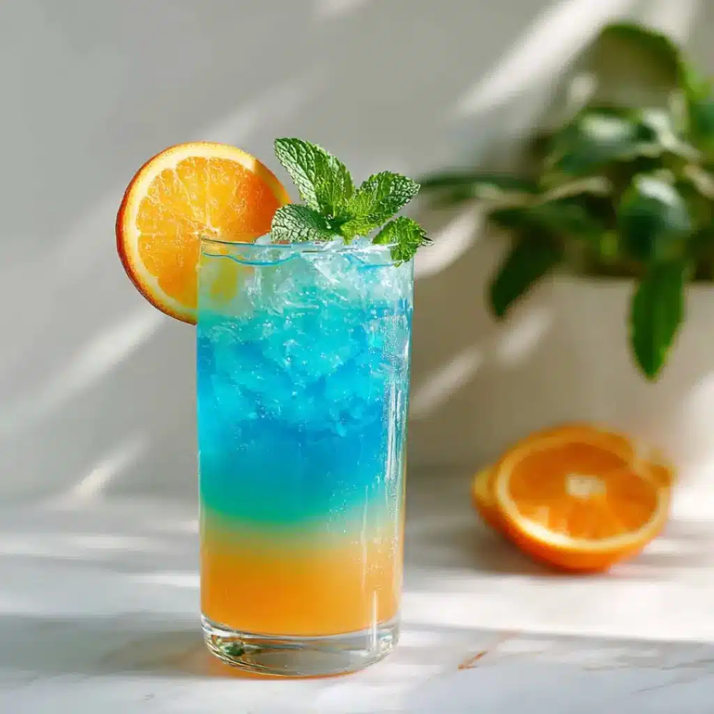A tall clear glass of Blue Citrus Cooler with visible ombre layers