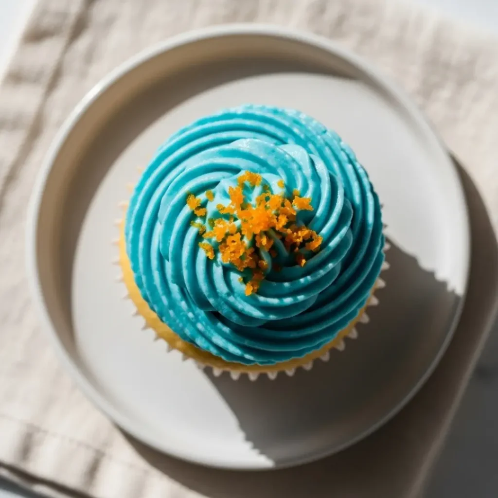 Cupcake topped with pale blue frosting made with blue curacao syrup