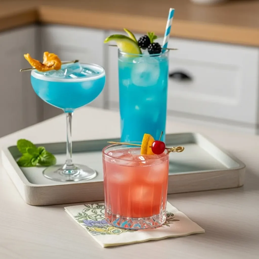 Three different blue curacao drinks on a wooden tray
