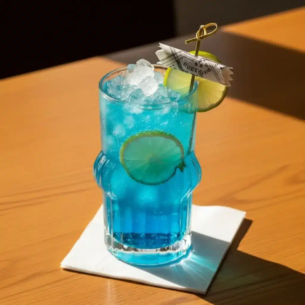 Homemade mocktail with blue curacao syrup in a clear glass over ice