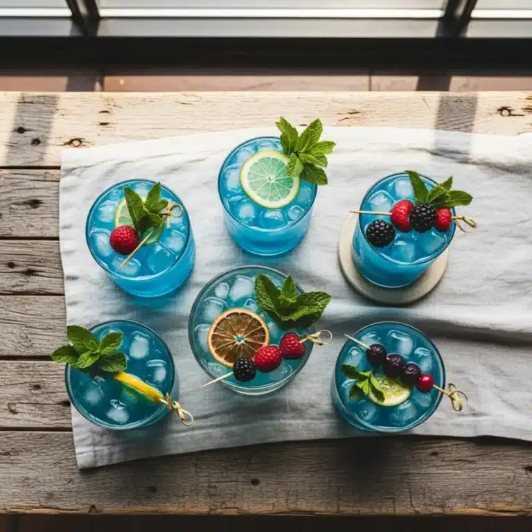 A lineup of five colorful blue mocktails on a wooden table
