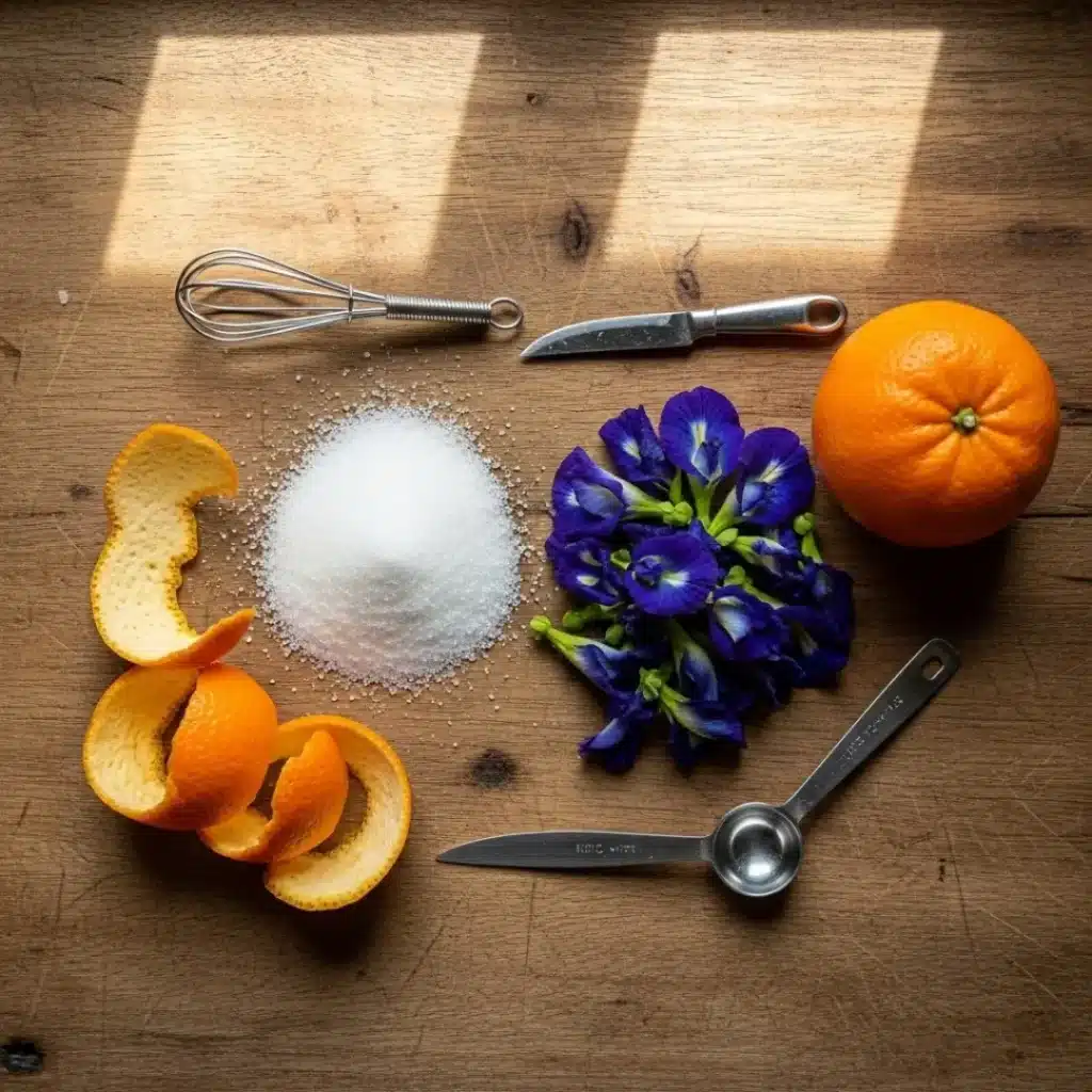 Ingredients for homemade blue curacao syrup on a wooden table