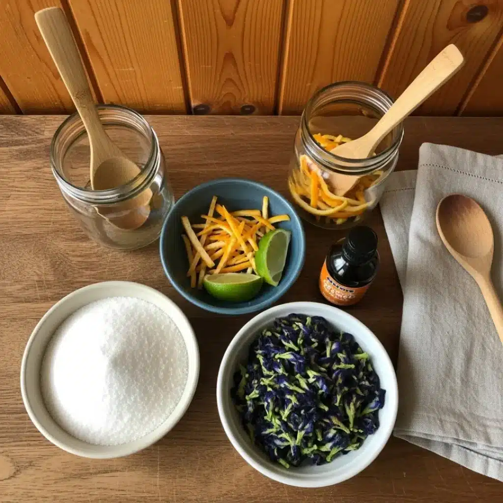 Blue Curacao Syrup: The Complete Guide to This Vibrant Cocktail Ingredient Blue Curacao Syrup Ingredients Flat Lay