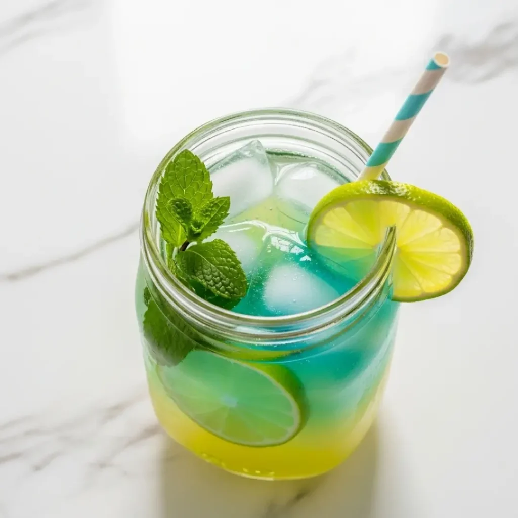 Homemade mocktail with blue curacao syrup and lime wedge