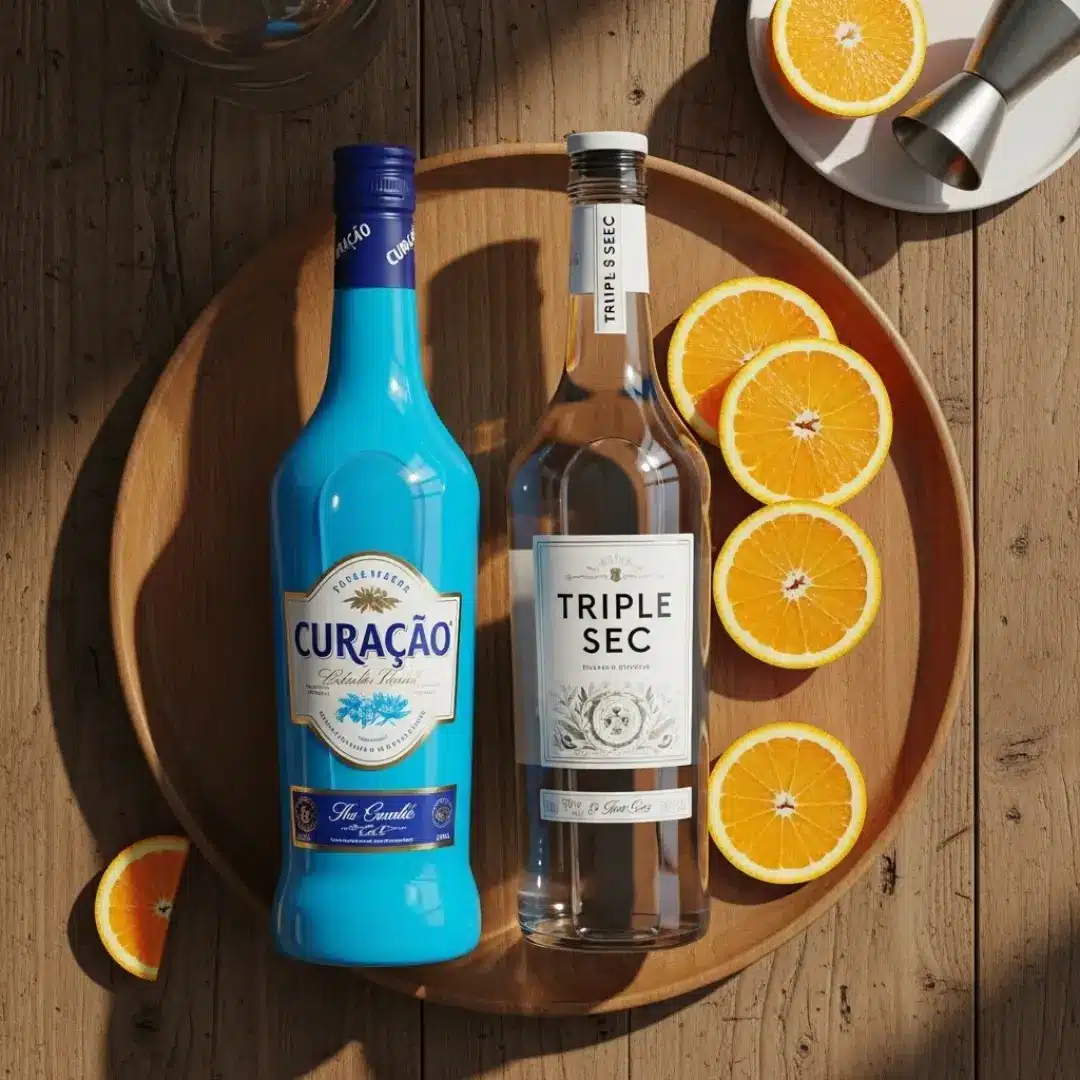 Side-by-side bottles of blue curacao and triple sec on a rustic tray