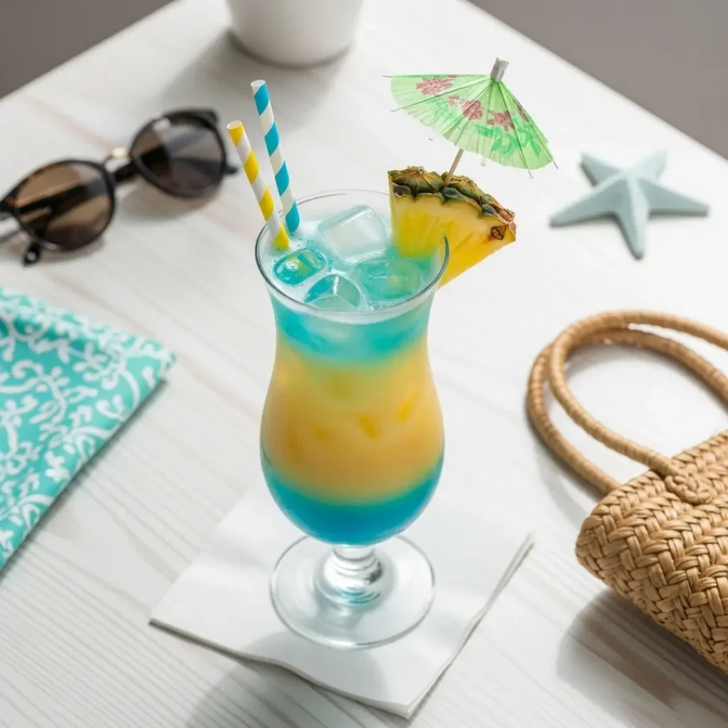 Creamy Blue Hawaiian cocktail with pineapple slice and paper umbrella