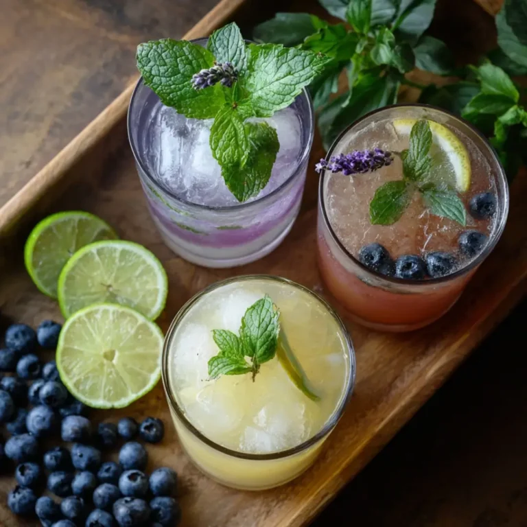 Three glasses of blueberry mocktails with distinct garnishes: mint, lavender, and lime