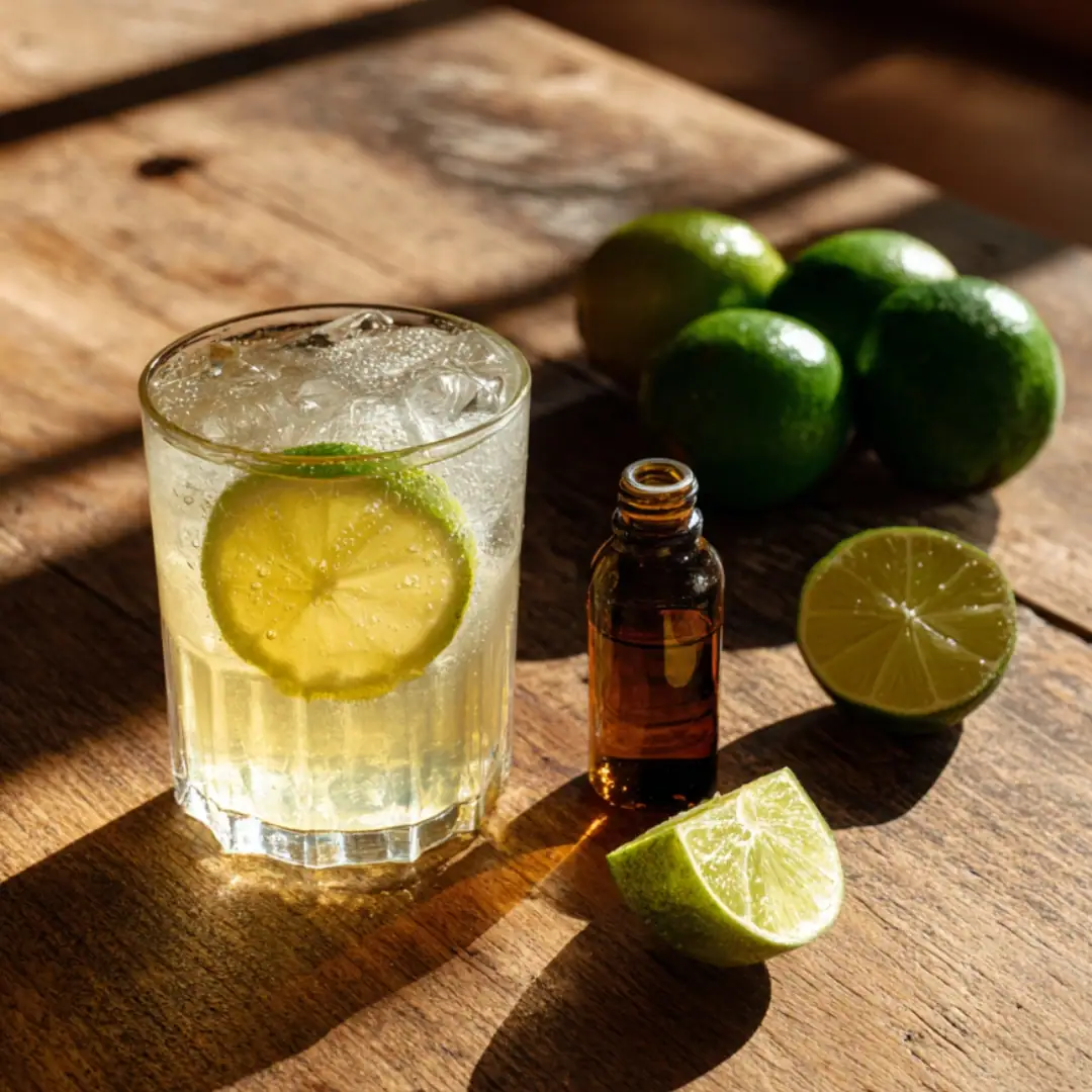A glass of golden Caribbean Lemonade with lime slice and bitters bottle