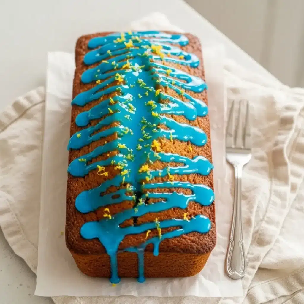 A slice of citrus cake drizzled with bright blue glaze