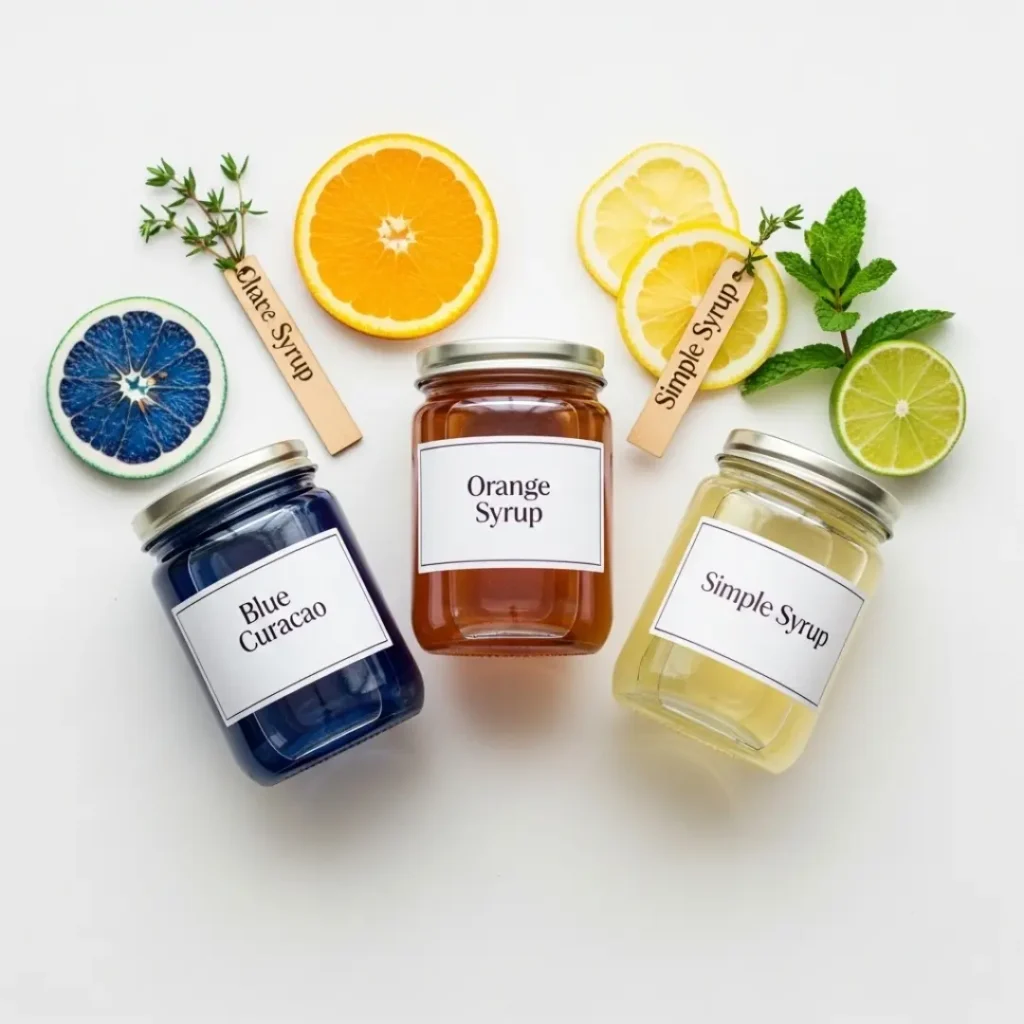 Comparison: bottle of blue curacao syrup, orange syrup, and simple syrup