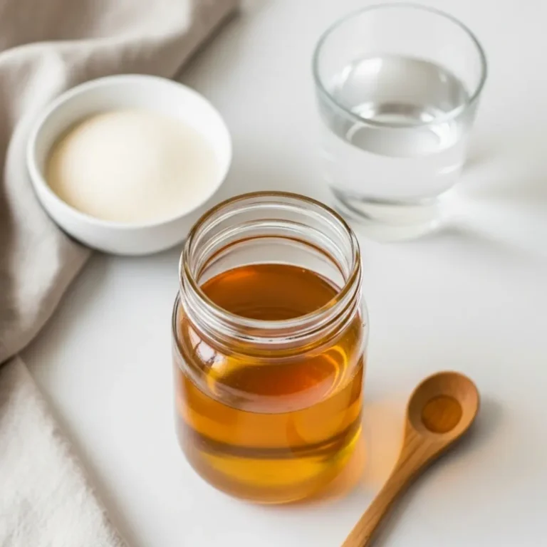 A clear jar of homemade simple syrup with sugar and water in the background