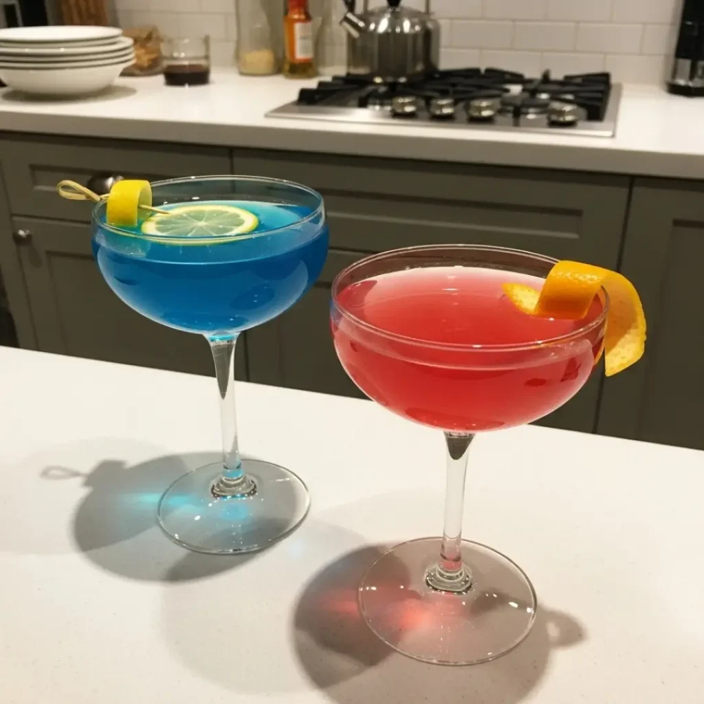 A vibrant Blue Lagoon cocktail next to a clear Cosmopolitan