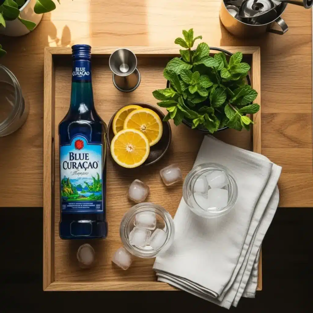 5 Easy Blue Curacao Mocktail Recipes (No Alcohol) blue curacao mocktail recipes Mocktail station with syrup bottle, garnishes, and chilled glasses blue curacao mocktail recipes