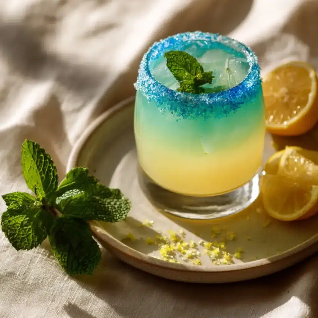 Blue Citrus Cooler Recipe (A Sunny Sip Without the Buzz) Blue Citrus Cooler Recipe Close-up of sugared rim Blue Citrus Cooler with mint