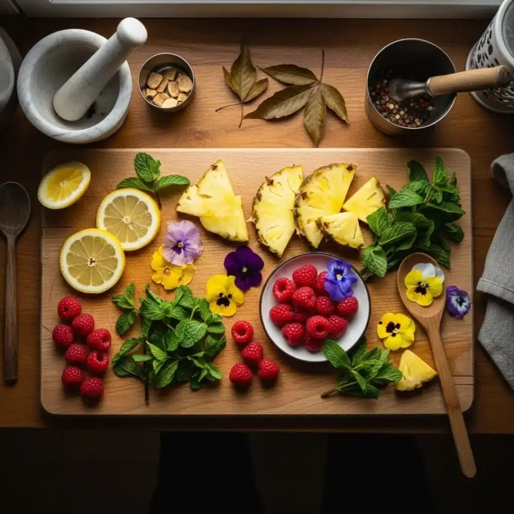 Garnishes for blue curacao drinks: citrus, herbs, and berries