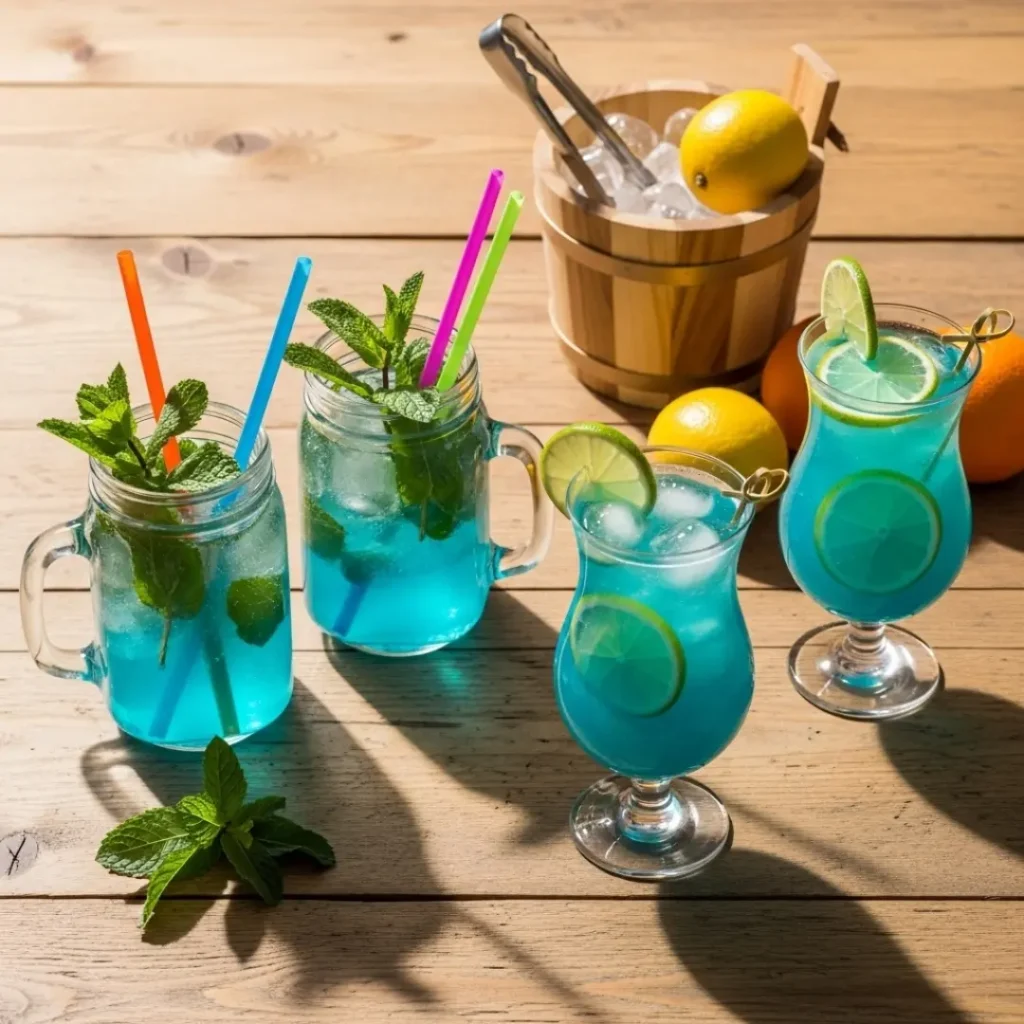 Mason jars and hurricane glasses filled with blue curacao drinks on a table