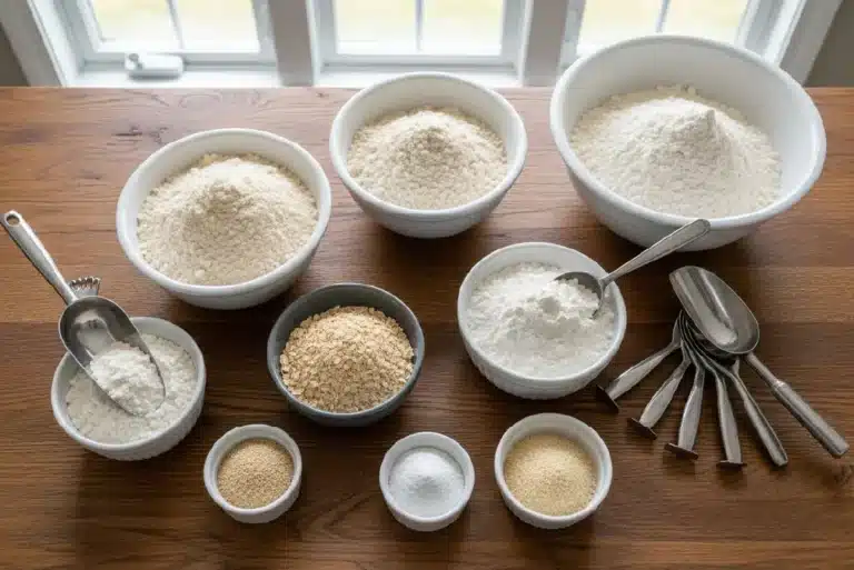 Gluten-free flour and bagel ingredients laid out on a table