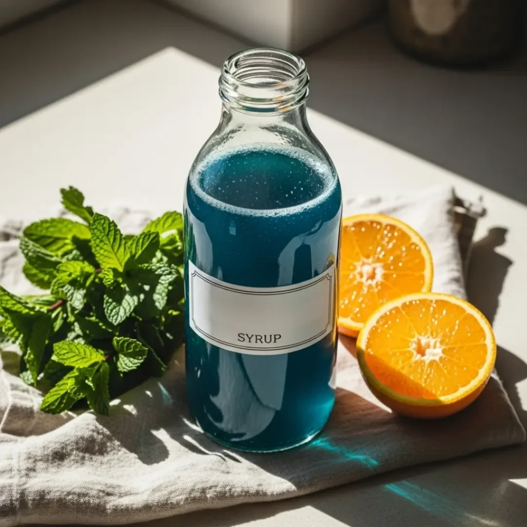 A clean, homemade bottle of blue curacao syrup beside oranges and mint