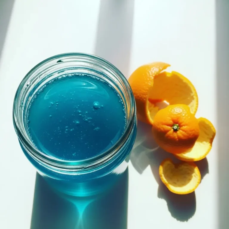 A small glass jar of vibrant blue curacao syrup on a white counter