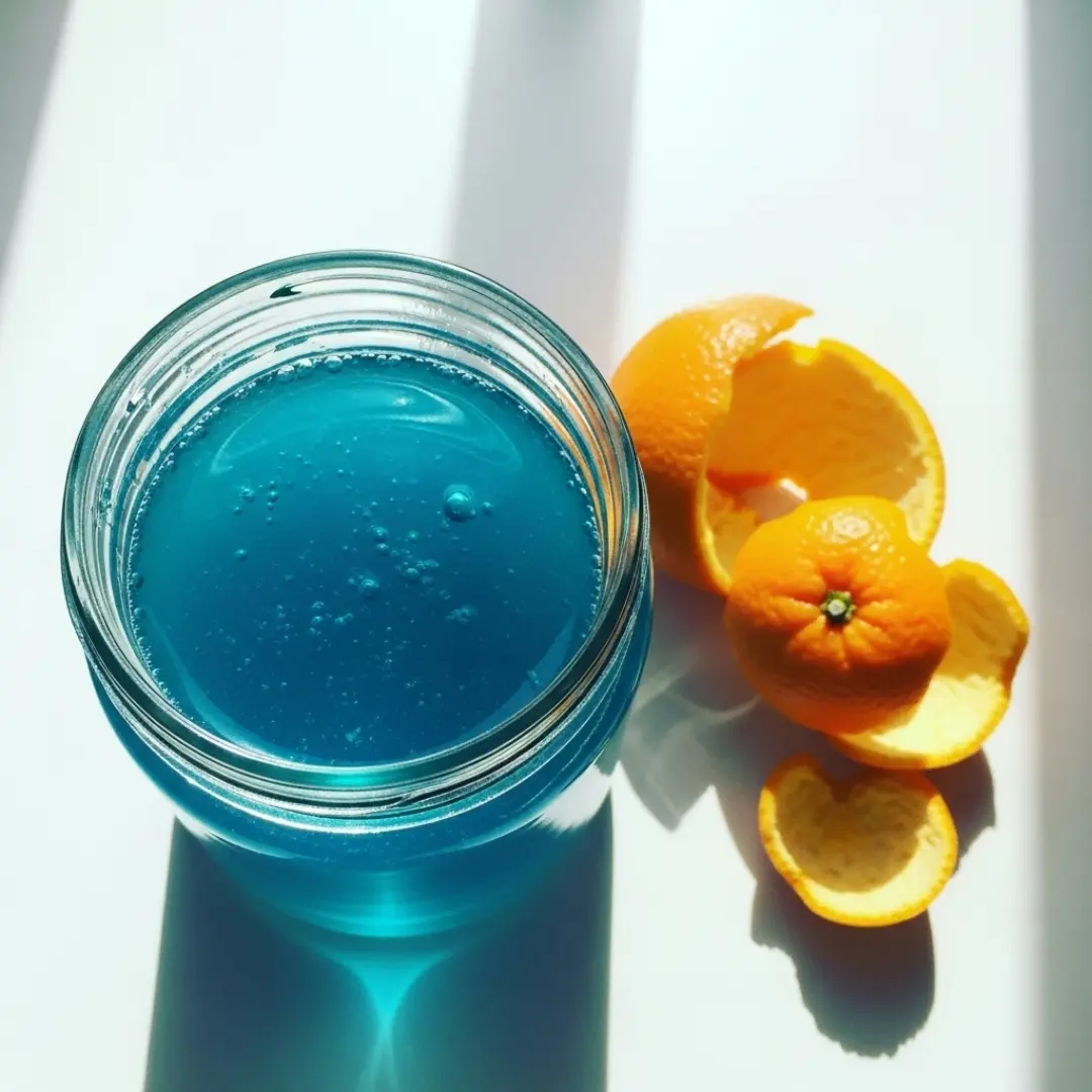 A small glass jar of vibrant blue curacao syrup on a white counter