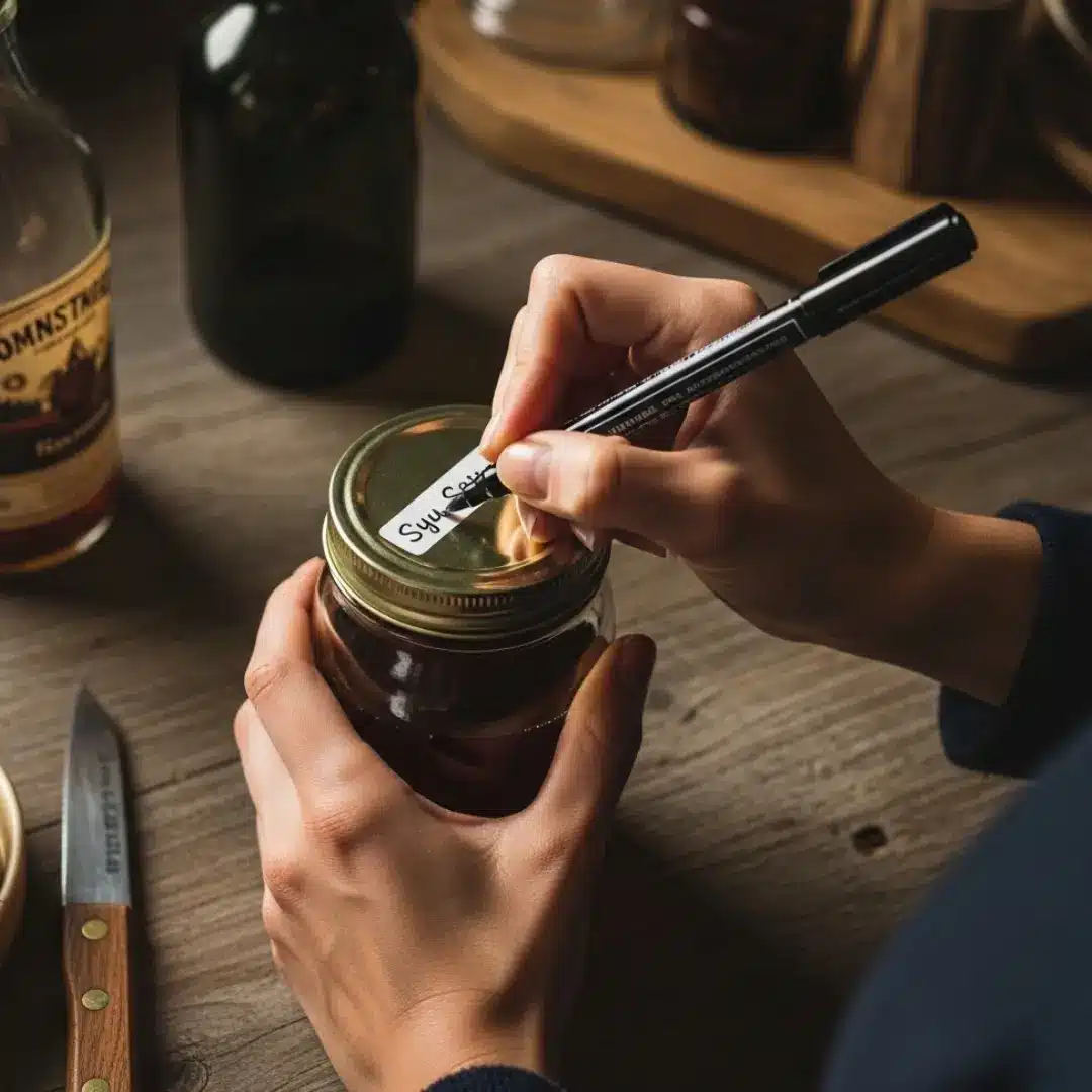 Home 167 Labeling a mason jar lid with “7/4 – Blue Curacao” using a marker
