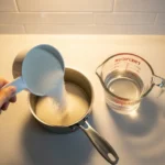 Pouring sugar into a saucepan beside a mason jar of water