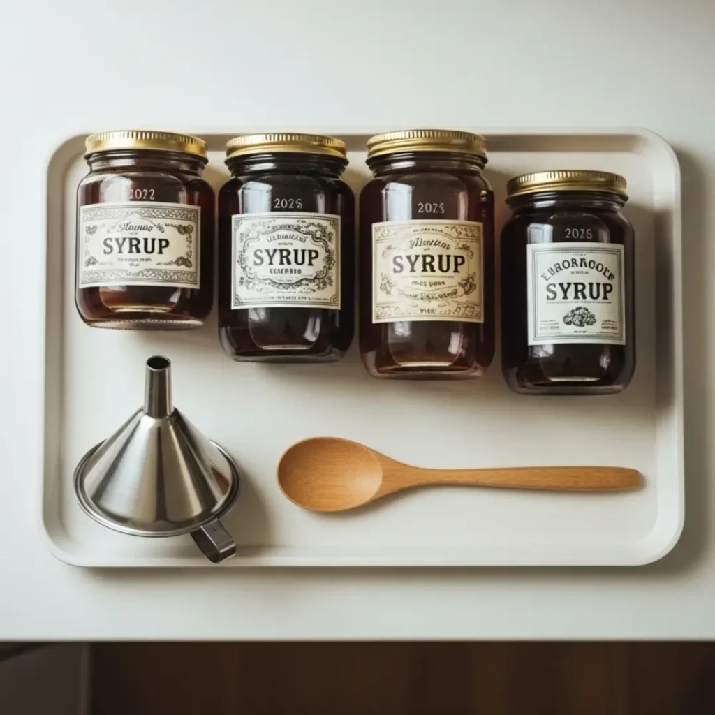 Simple Syrup Ratios: 1:1 vs 2:1 and When to Use Them Simple Syrup Ratio A labeled storage tray with syrup jars, date tags, and utensils Simple Syrup Ratio