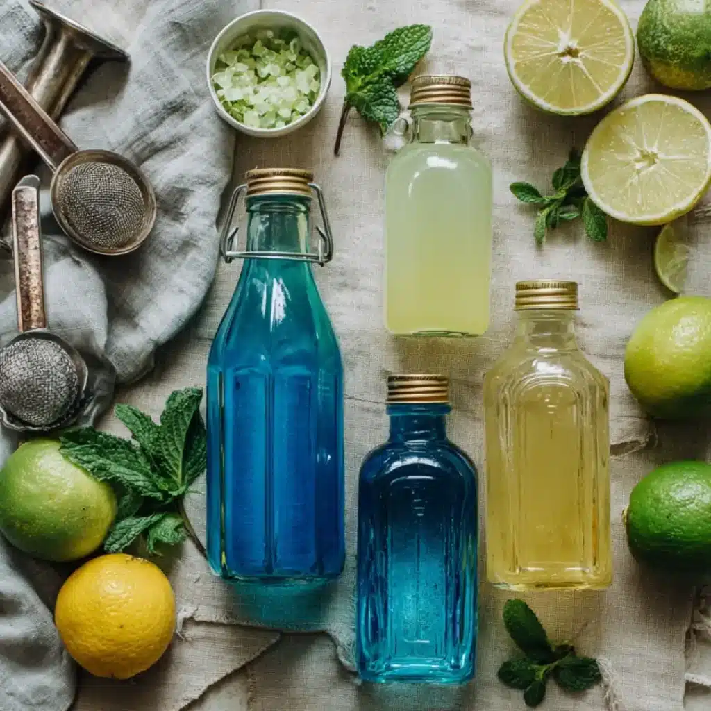 Flat lay of lemonade, pineapple juice, blue curaçao syrup, and garnishes